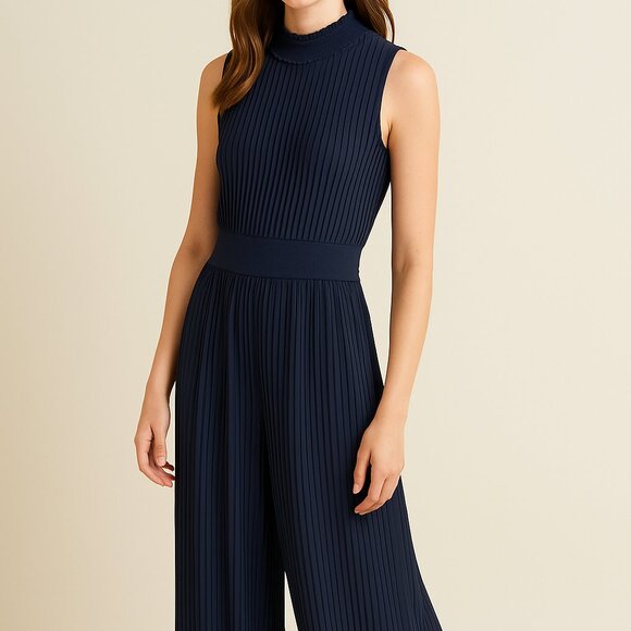 Nanette Lepore Pants - Nanette Lepore Navy Blue Sleeveless Jumpsuit Accordion Pleated Wide Leg Holiday